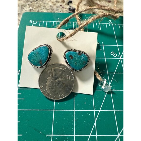 Artisan Turquoise Sterling Silver Triangle Stud Earrings Center Post Southwest - Picture 6 of 12